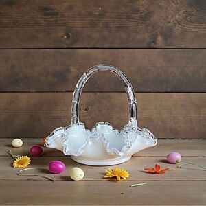 Vintage Fenton Silver Crest Milk Glass Ruffled Basket